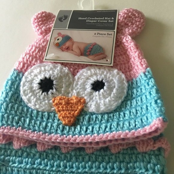 Hand Crocheted Hat And Diaper Cover Owl Sz 0-9 Months Infant Baby Photo New - Picture 12 of 12